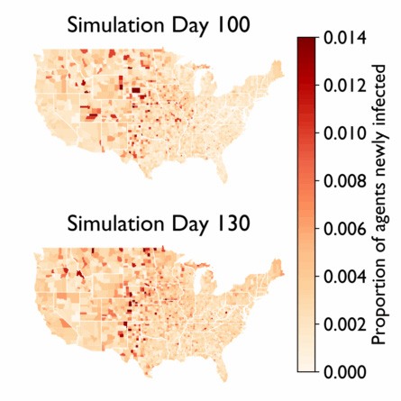 An EpiCast simulaiton models behavioral information and county-level disease cases over time. (Credit: Joy Kitson)