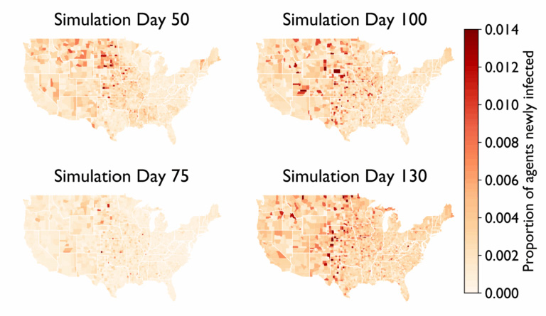 An EpiCast simulaiton models behavioral information and county-level disease cases over time. (Credit: Joy Kitson)