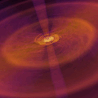 Snapshot from a black hole simulation showing matter rapidly accreting and spiraling toward the center (yellow).