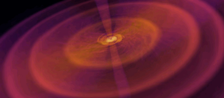 Snapshot from a black hole simulation showing matter rapidly accreting and spiraling toward the center (yellow).