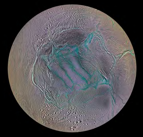 Enceladus' south pole. Image courtesy of NASA/JPL-Caltech/Space Science Institute/Lunar and Planetary Institute.