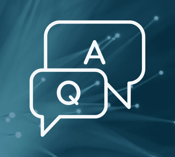 Question and answer conversation bubbles over a blue background.