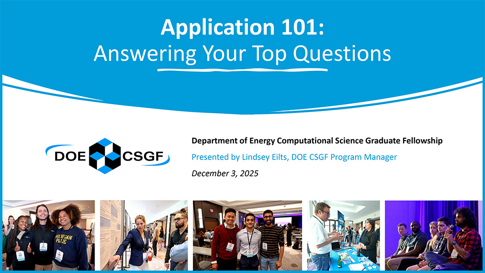 Title slide of DOE CSGF application webinar presentation.