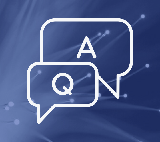 Question and answer conversation bubbles over a blue background.