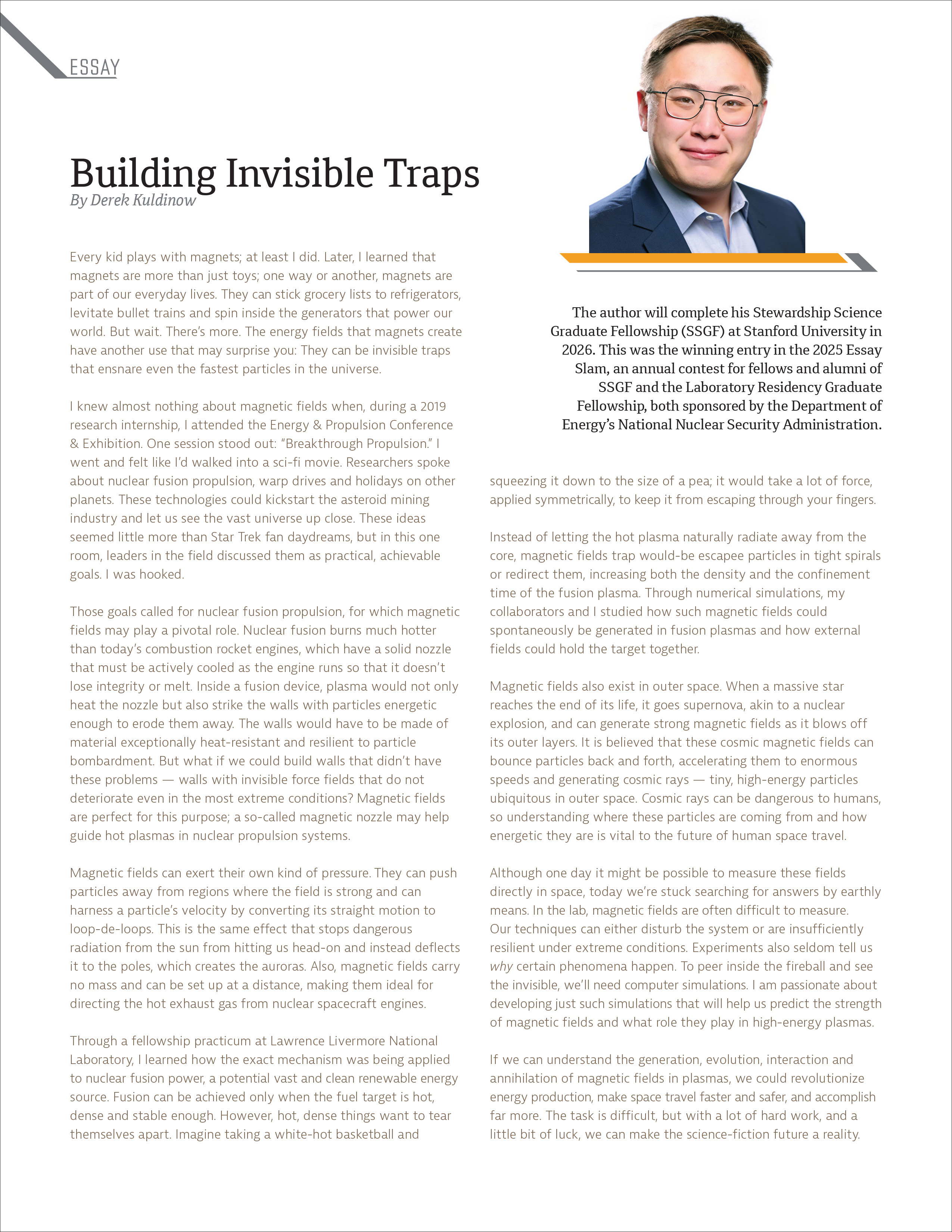 Stewardship Science magazine winning essay page, 2025