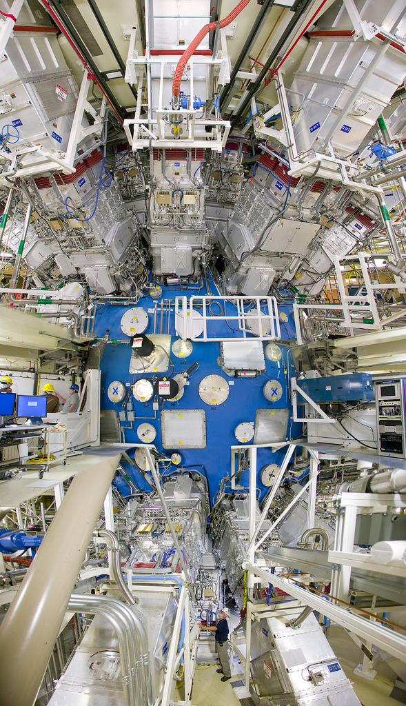 Composite photo of all three floors of the NIF's 264,000-pound, 10-meter diameter chamber at LLNL.