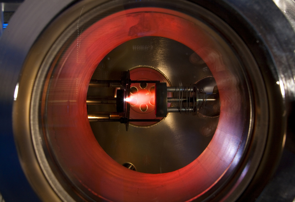 One of Trident’s target chambers where ultra-short laser pulses create high-energy-density plasmas as well as monoenergetic ion pulses for cancer research applications. Courtesy of Los Alamos National Laboratory.