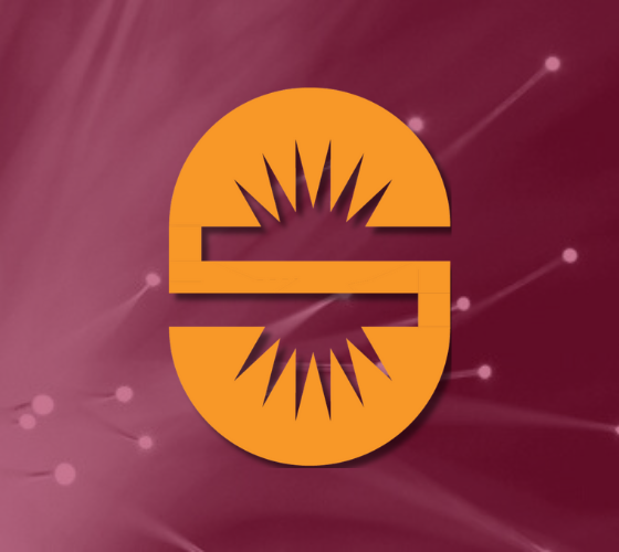 Orange SSGF logo element over red background: Letter S with lines radiating out from the center.