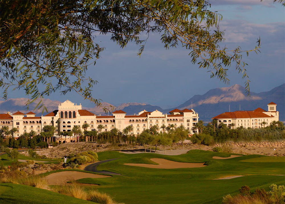 View of JW Marriott Las Vegas, golf course and mountains.